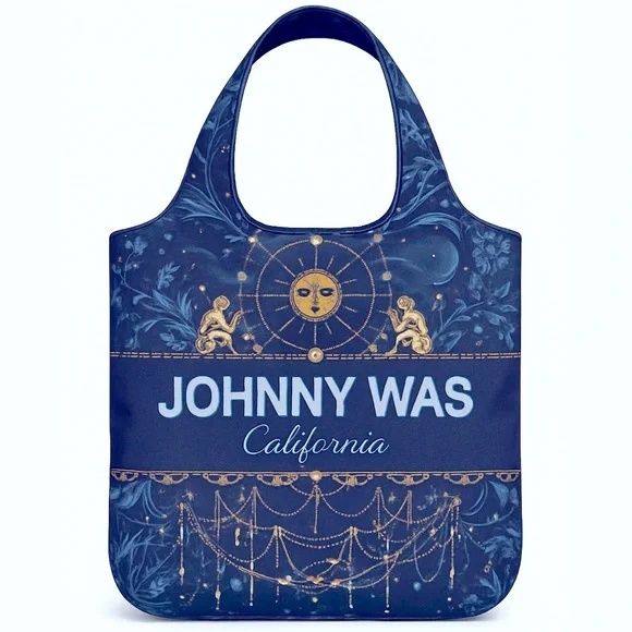 Johnny Was California Reusable Shopping Bag Tote Blue Gold Moon Packable New - Picture 1 of 12